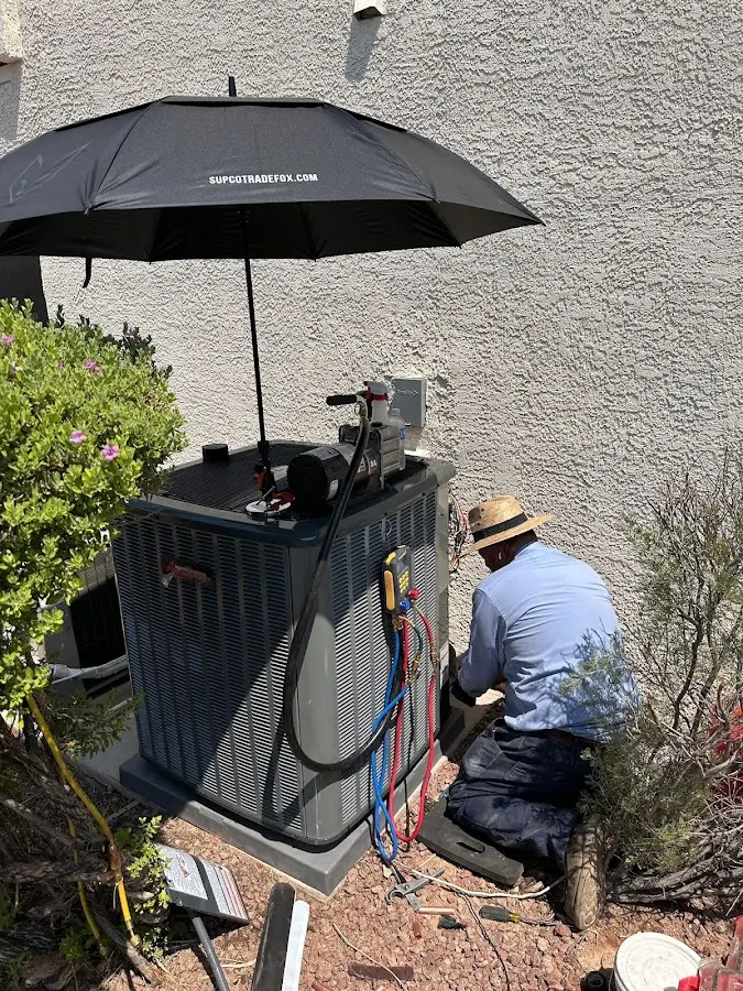 HVAC technician performing outdoor AC maintenance in Homeland Park
